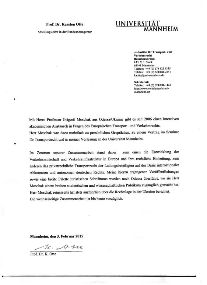 Лист від проф. К. Отте